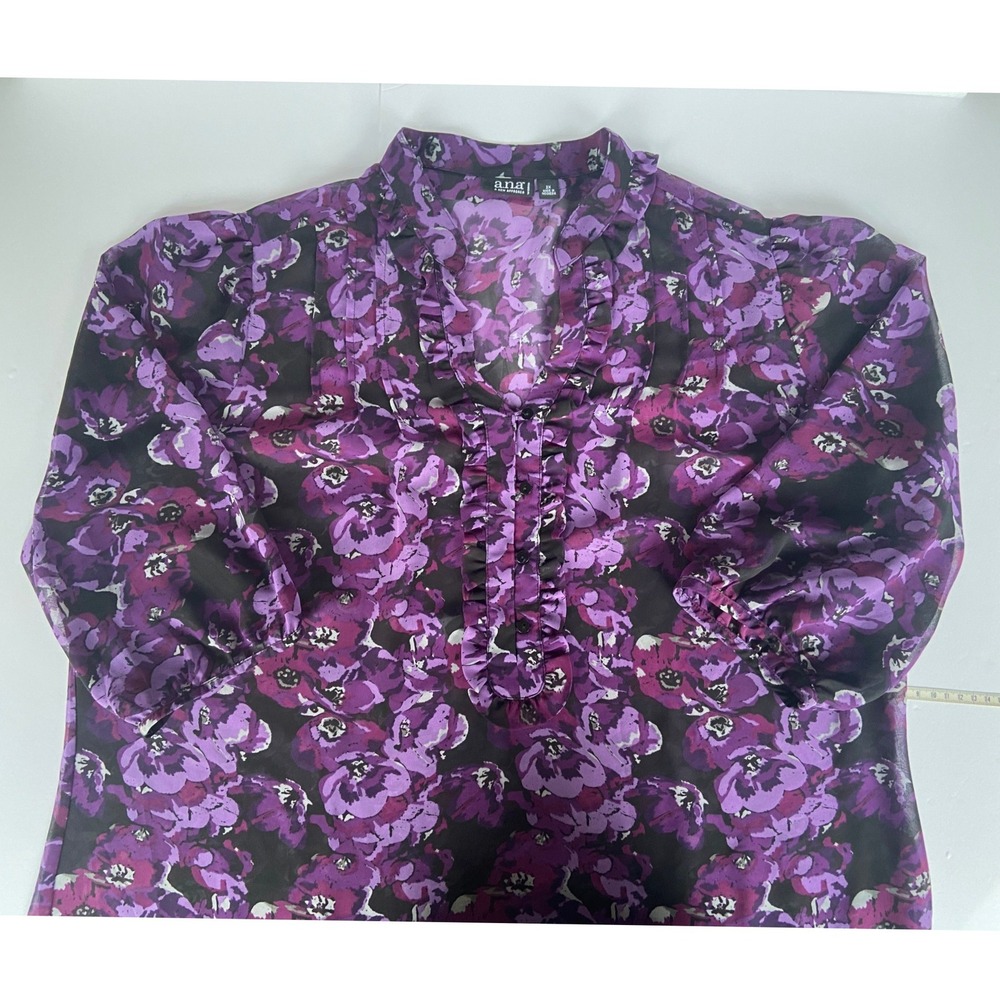a.n.a A New Approach Purple Floral Ruffle V-Neck Blouse 2X Plus Size Top